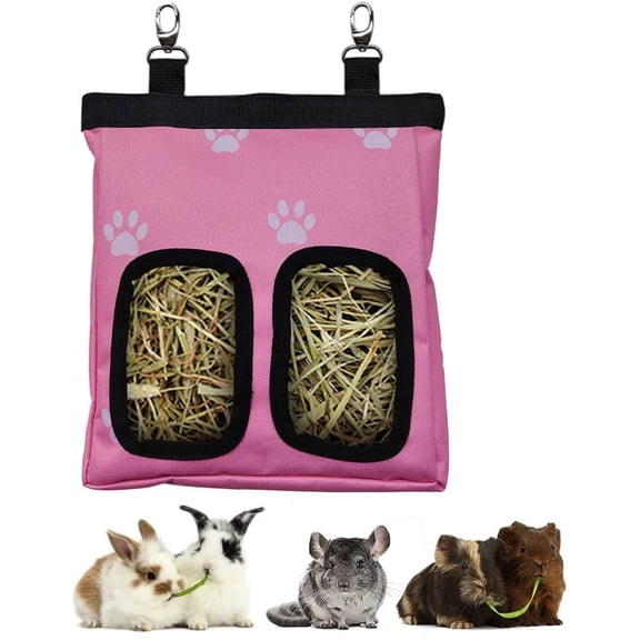 RIOUSSI Hanging Guinea Pig Rabbit Hay Feeder Bag for Bunnies Chinchillas, Pinkpaws