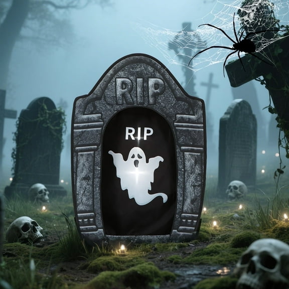 Toiyjofe 41 inch Halloween Tombstone with Ghost, Battery Powered Halloween Large Tombstone, Foldable Polyester Outdoor Backyard Decor with LED Lights