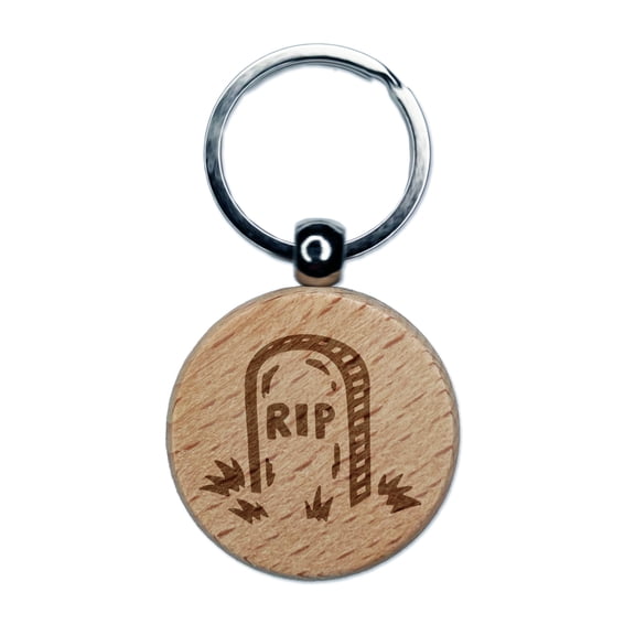 RIP Headstone Gravestone Tombstone Halloween Round Keychain Charm Tag - Engraved Wood