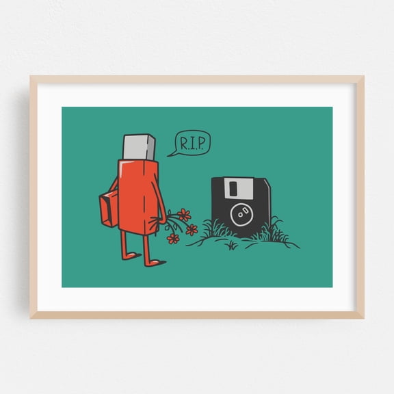 RIP floppy - Illustration Humor Retro Minimalist Modern Art Pop Art Nostalgia Oak Framed Wall Art Print 5 x 7 inches