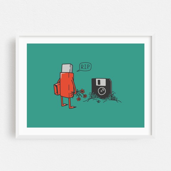 RIP floppy - Illustration Humor Retro Minimalist Modern Art Pop Art Nostalgia White Framed Wall Art Print 12 x 16 inches