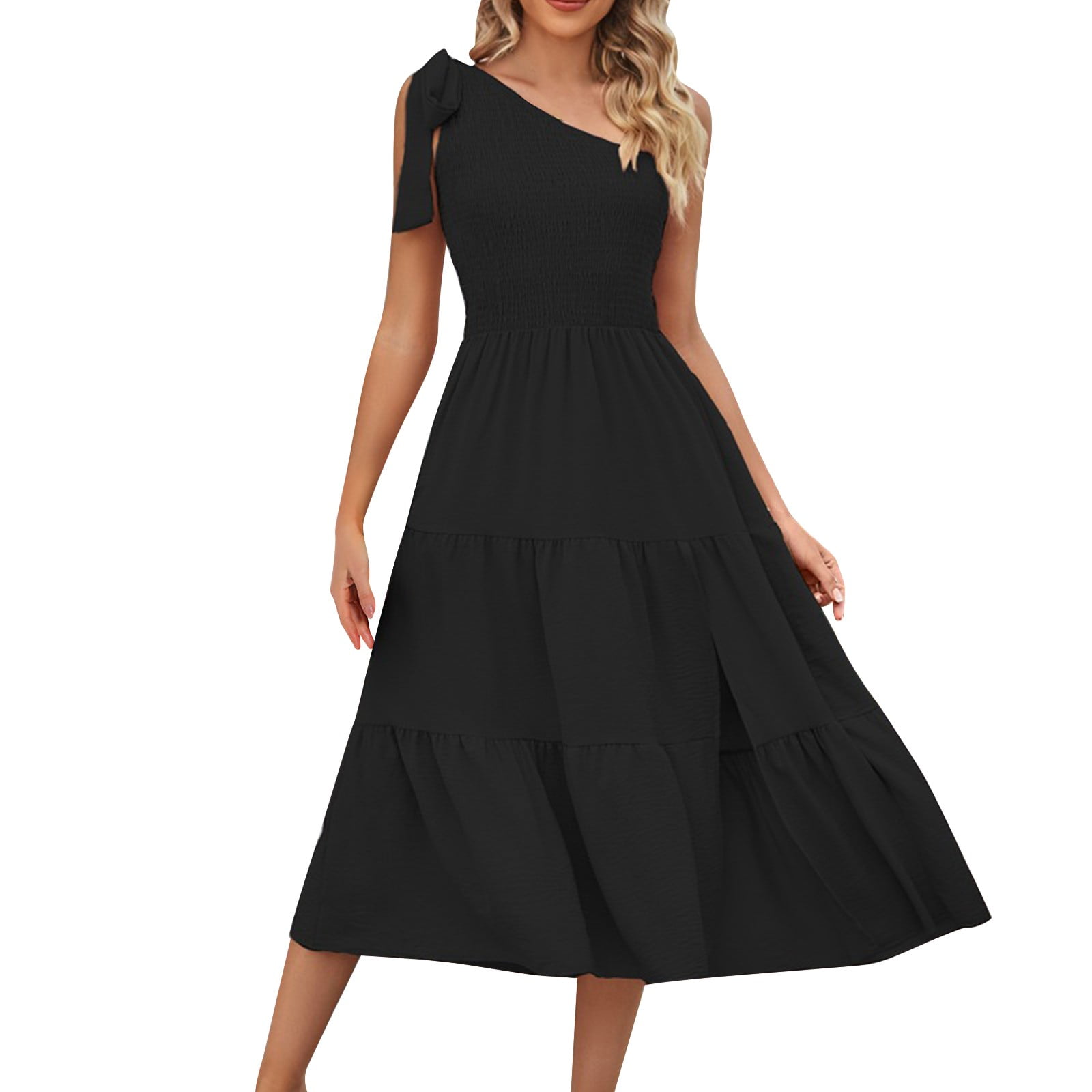 RIQIANTUYU Black Formal Dresses For Women Ladies Summer Solid One