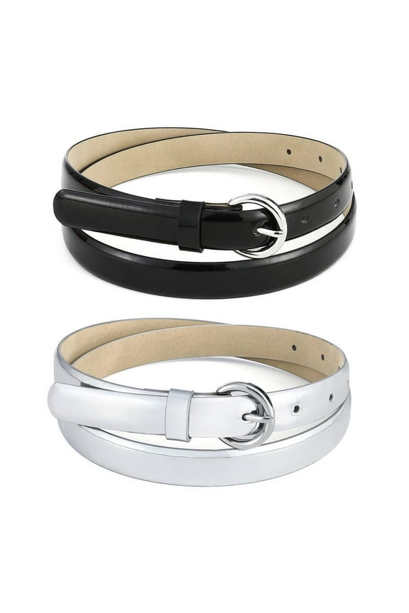 Women's black and silver Patent Leather Thin Belts, Skinny Belt for Jeans, 2-Pack
