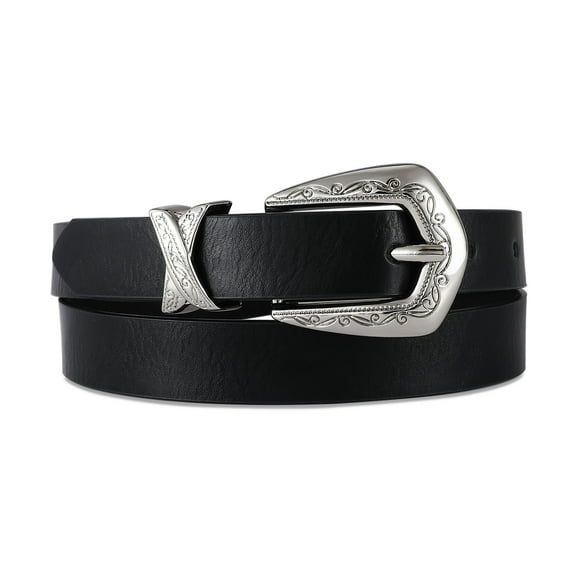 RISANTRY Women's Western Leather Belt, Black Skinny Cowgirl Belt for Pants and Jeans