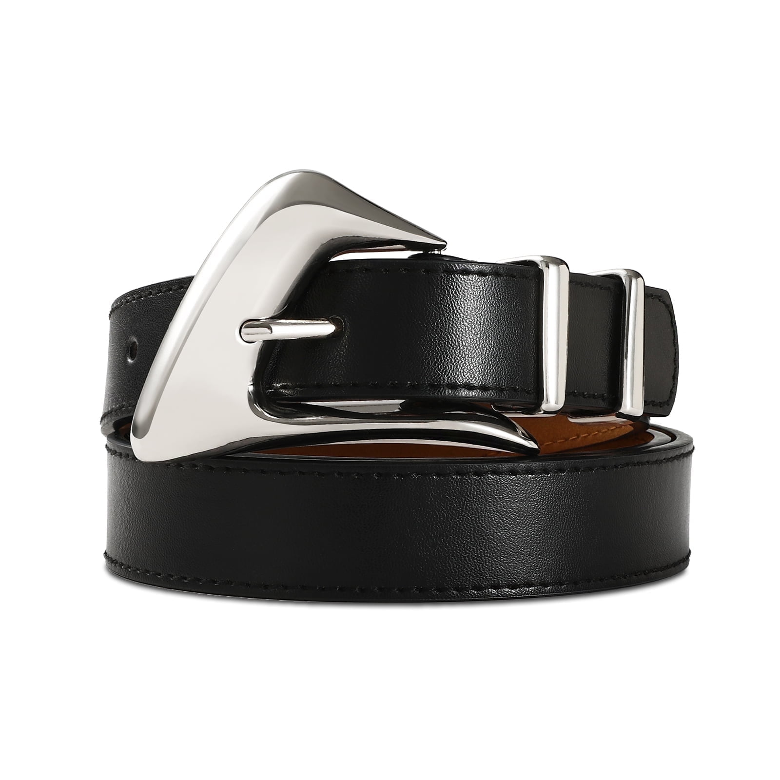 RISANTRY Black Leather Belt with Shiny Silver Metal Buckle  display picture 1