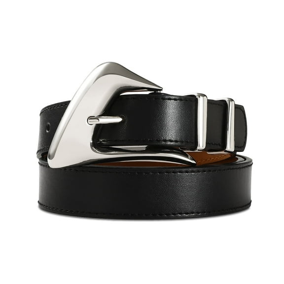 RISANTRY Black Leather Belt with Shiny Silver Metal Buckle Unique Inflated Design for Casual Fashion Belts