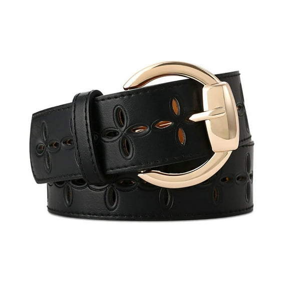 RISANTRY Women's Black Leather Belt with Gold Buckle Hollow Women's Belt Stylish Accessory for Dresses Skirts Jeans
