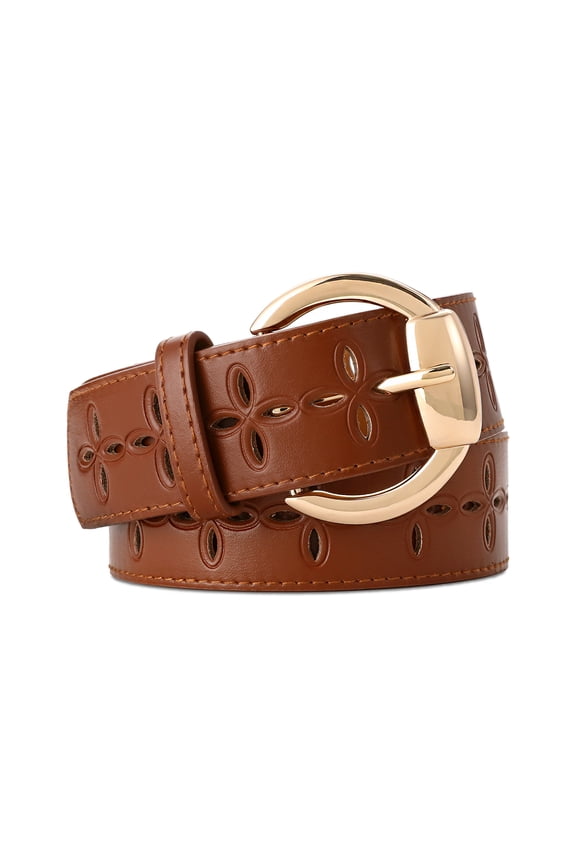 Women's Brown Leather Buckle Belt with Hollow Pattern