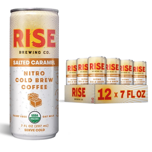 RISE Brewing Co. Salted Caramel Oat Milk Nitro Cold Brew Latte, Organic, 7 fl oz Cans (12 Pack)