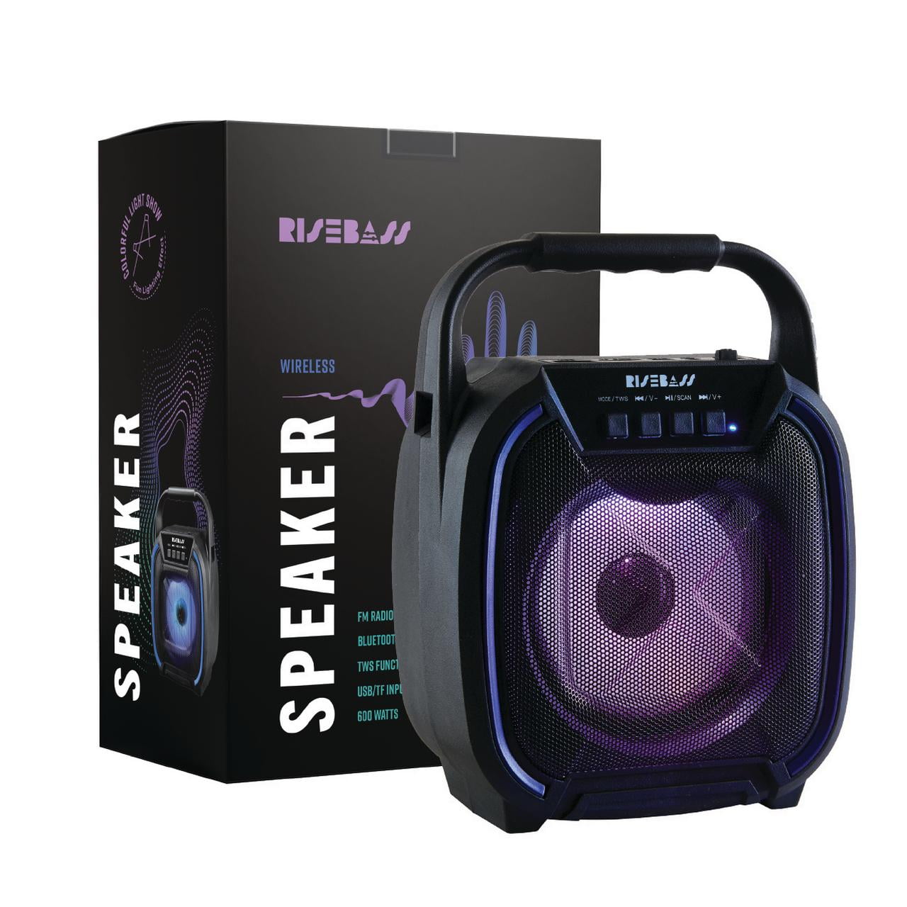 RISEBASS Portable Mini Bluetooth Speaker, 600 Watt, Party Lights, for Kids,  Adults (Size 4, Color Black Model RB-1560) 