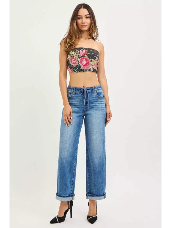 Elastic Band Slouch Ankle Boyfriend Jeans - Cuffed Hem