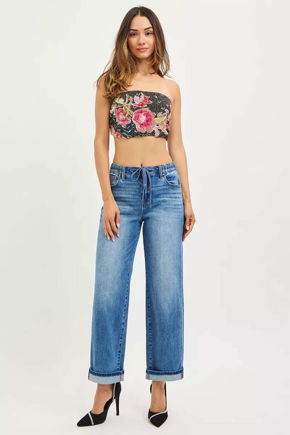 Elastic Band Slouch Ankle Boyfriend Jeans - Cuffed Hem