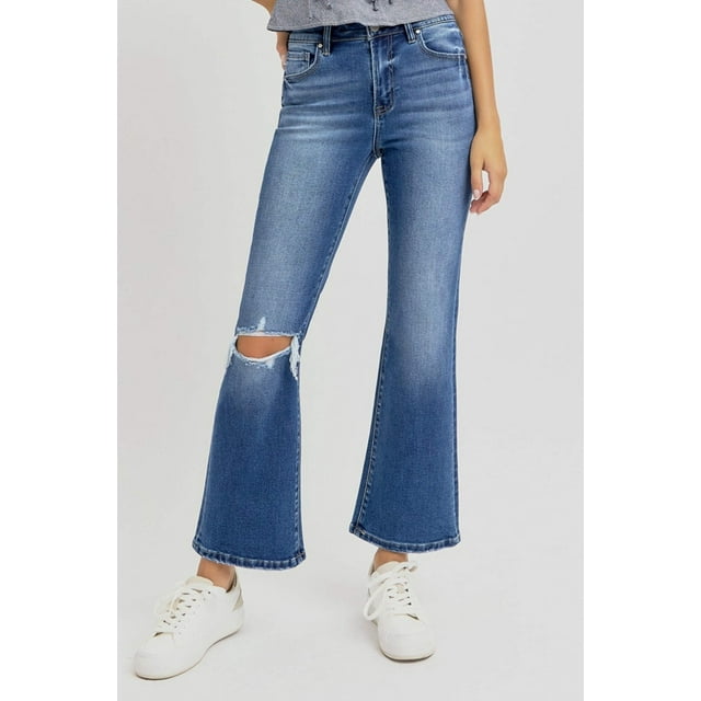 RISEN Full Size Distressed High Rise Crop Flare Jeans for Women