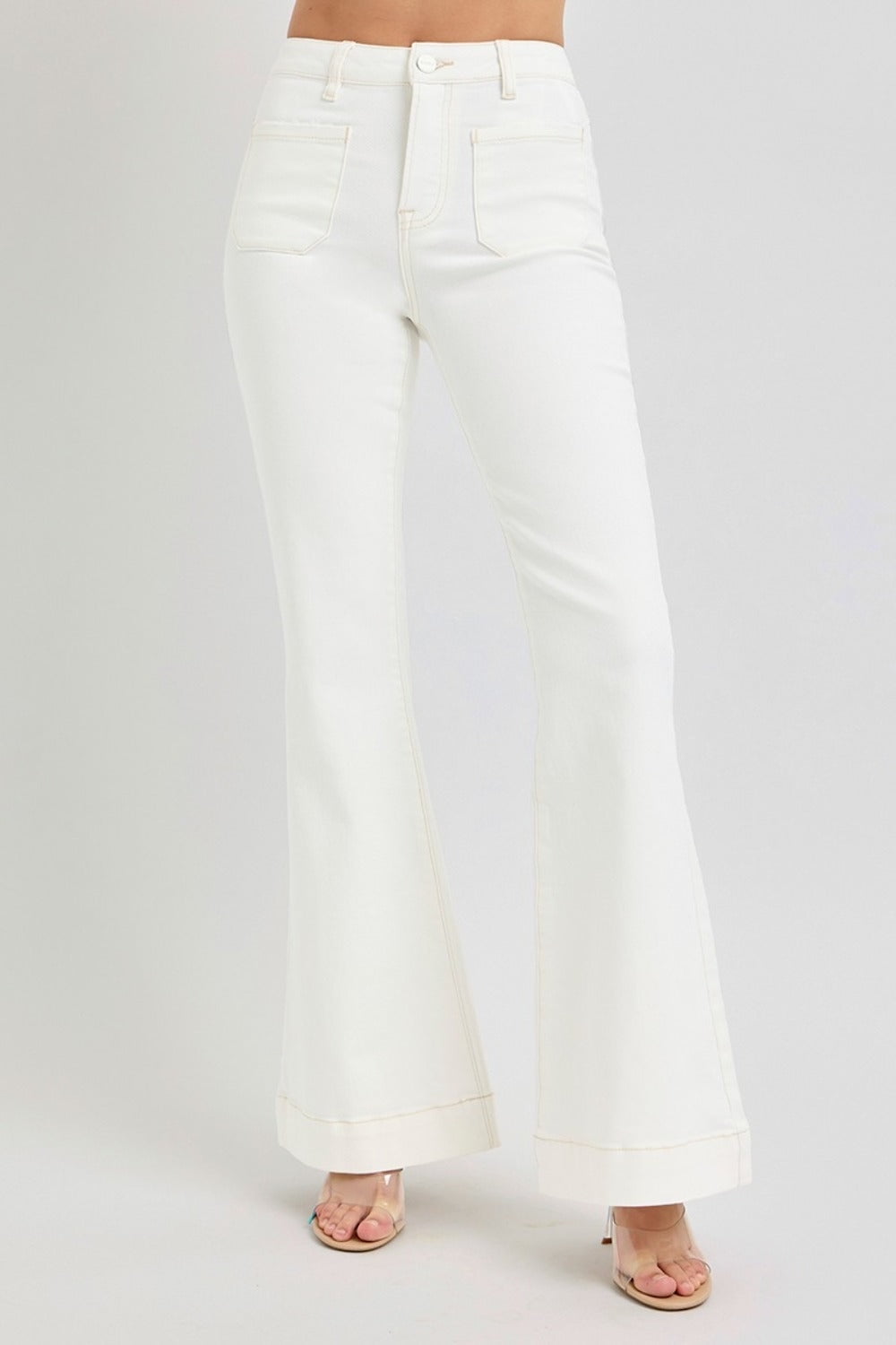 Medium Wash High Rise Patched Pocket Flare