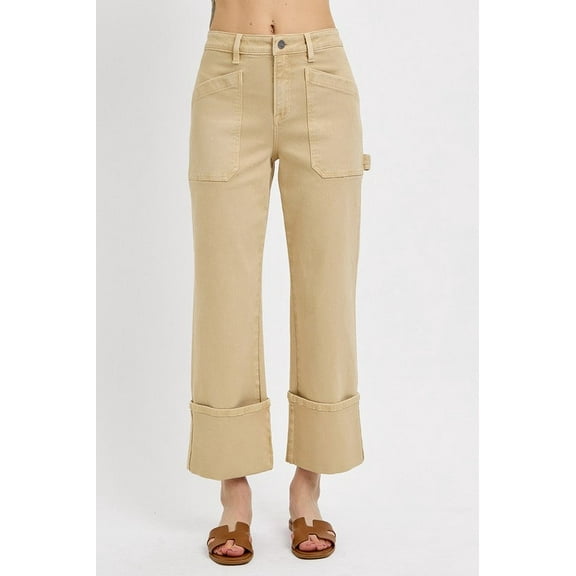 RISEN Full Size High Rise Wide Straight Cuffed Patch Jeans Plus Size