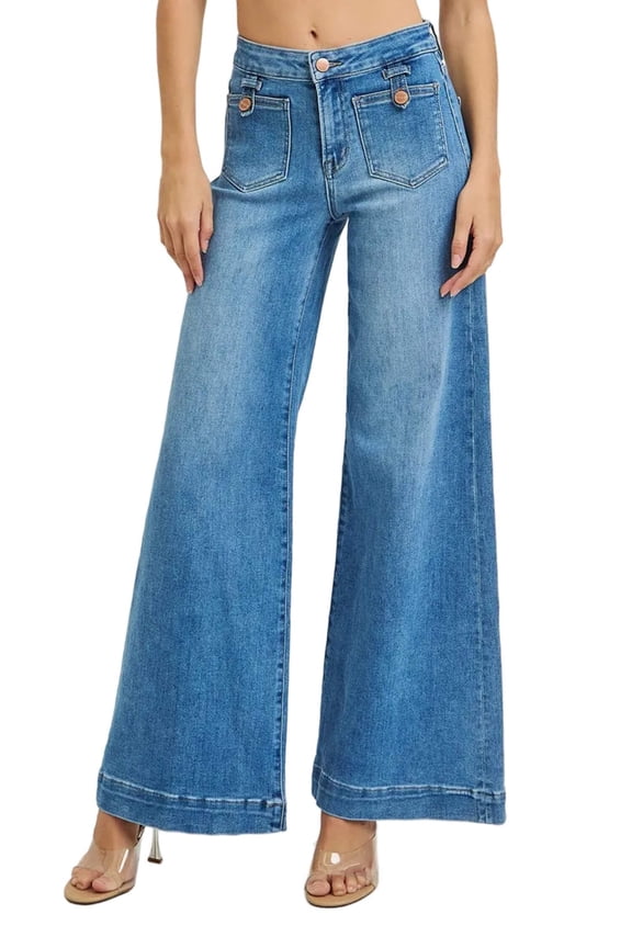 RISEN Full Size Mid Rise Wide Front Patch Pocket Jeans Plus Size