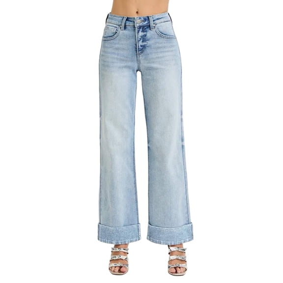 RISEN Full Size Tummy Control High Rise Ankle Wide Cuffed Jeans Plus Size