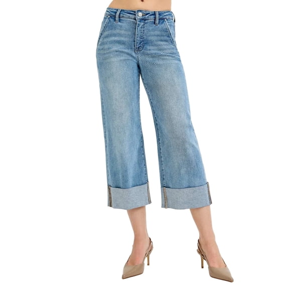 RISEN Full Size Tummy Control High Rise Ankle Wide Cuffed Jeans