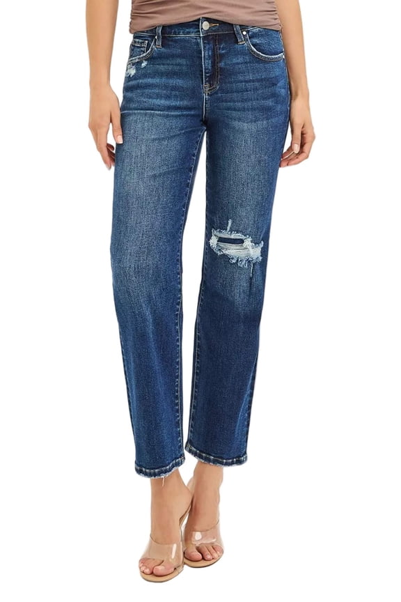 RISEN High Rise Crop Slim Straight Jenas with Hidden Knee Patch