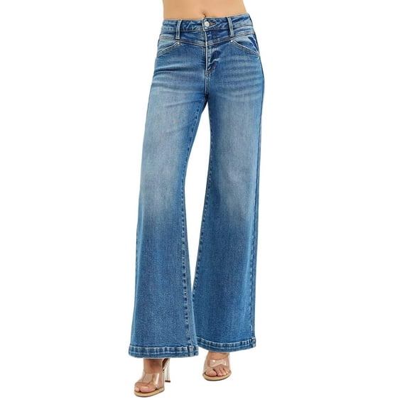 RISEN High Rise Wide Leg Jenas with Front Yoke and Heart Back Pocket