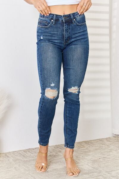 Remy High Waisted Distressed Blue Denim Skinny Jeans