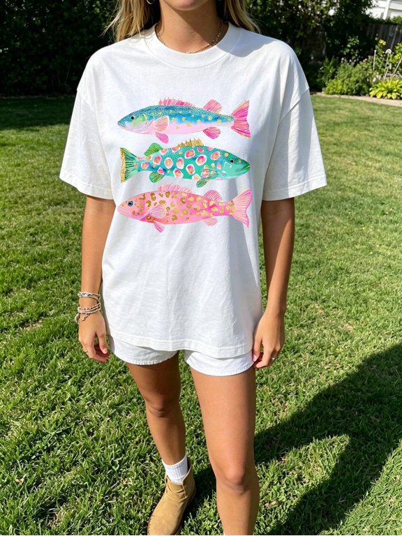 Women's Crew Neck Short Sleeve T Shirt Colorful Leopard Fish Graphic Casual Cotton Tee
