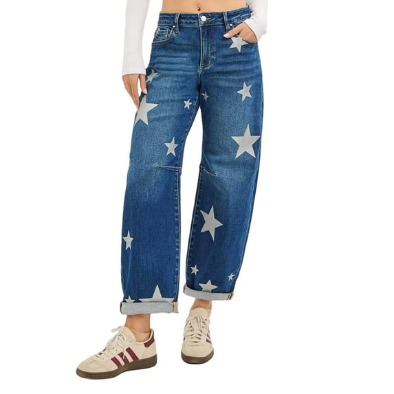 RISEN Mid Rise Ankle Length Relaxed Barrel Star Printed Jeans