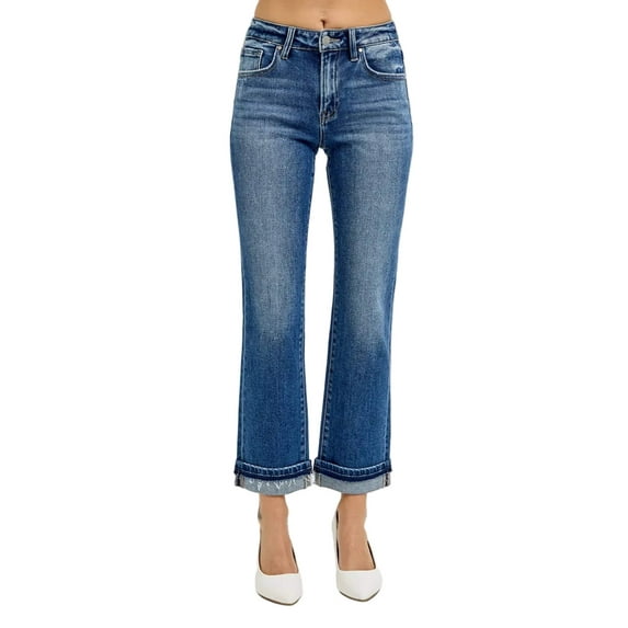 RISEN Mid Rise Ankle Straight Cuffed Jeans