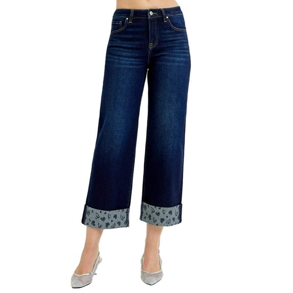 RISEN Mid Rise Fit Crop Wide With Printed Cuff Jeans