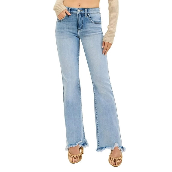 RISEN Tummy Control Mid Rise Flare Jeans with Fray Hem Detailed Plus Size