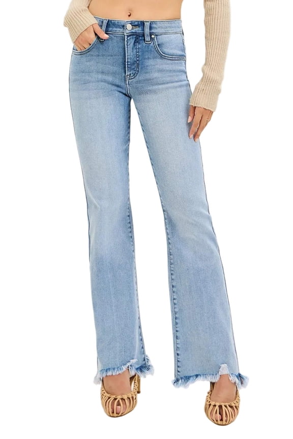 RISEN Tummy Control Mid Rise Flare Jeans with Fray Hem Detailed Plus Size