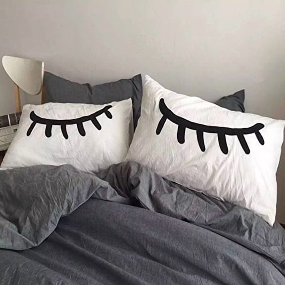 RISEON Cute 2 pcs Cotton White Embroid Closed Eyes Sleeping Eye Lashes Eyelash Statement Pillow Cases Cover Standard Size Bedroom Pillowcases Valentine gift-19 x 29 inches C113