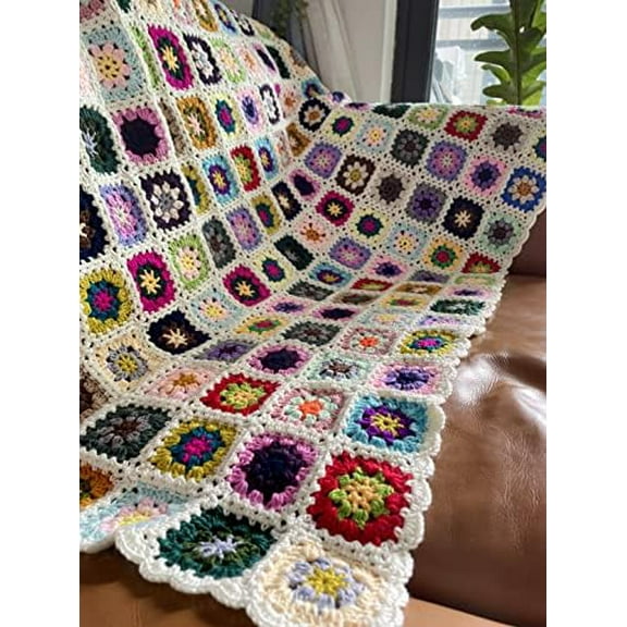RISEON Handmade Granny Square Crochet Throw Blanket Sweater Style Mat, Crochet Quilt, Multicolor Boho Travel Accent Decor Throw for Sofa Comforter Couch Bed Recliner Living Room Bedroom 47" x47"
