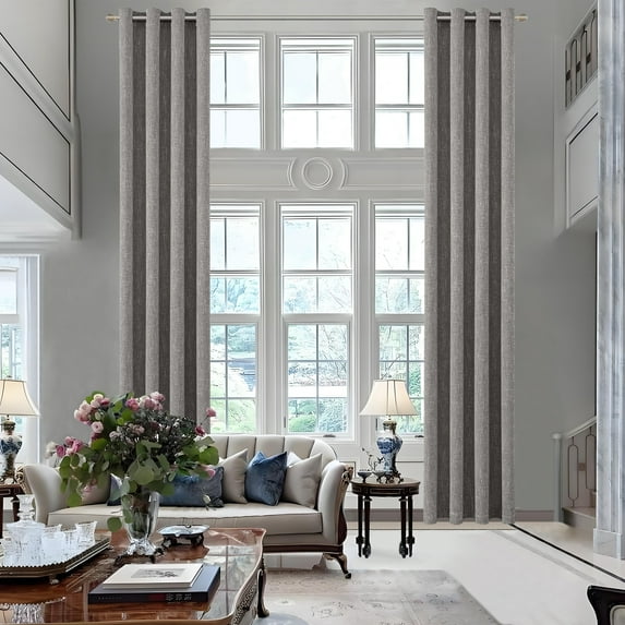 RISSIEN Extra Long Burlap Linen Farmhouse Curtains 144 inch Length 2 Panels for 2 Story High Living Room Textured Thick Light Filtering Privacy Window Drapes with Grommet 12ft (52x144 Gray Coffee)