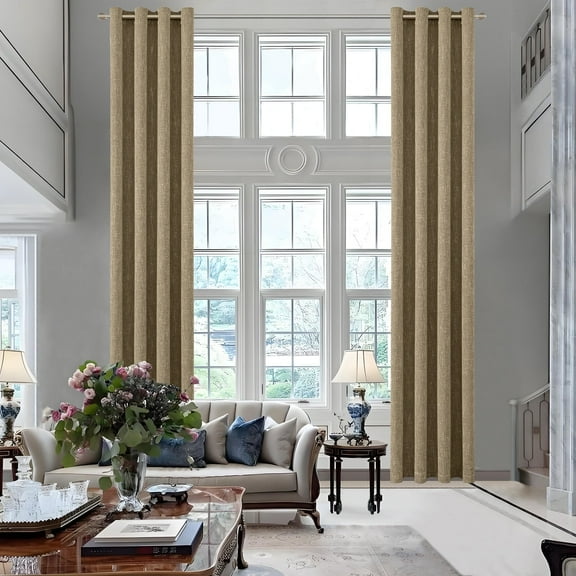 RISSIEN Extra Long Burlap Linen Farmhouse Curtains 168 inch Length 2 Panels for Living Room Textured Thick Light Filtering Privacy Window Curtain Drapes with Grommet 14ft (52x168 Coffee) Natural