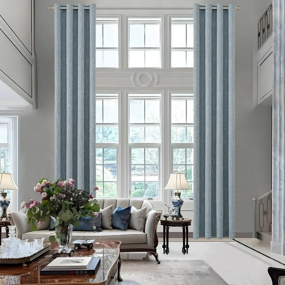 RISSIEN Extra Long Burlap Linen Farmhouse Curtains 192 inch Length 2 Panels for 2 Story High Living Room Textured Thick Light Filtering Privacy Window Drapes with Grommet 16ft (52x192 Dirty Blue)
