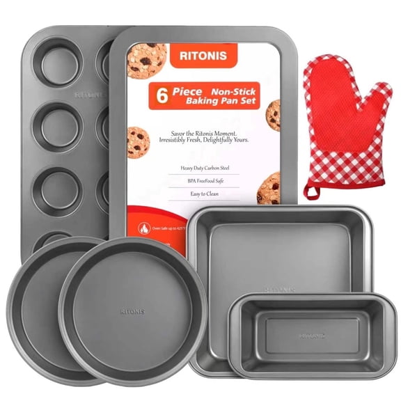 RITONIS 6-Piece Baking Pan Set, Non-stick Stacker Non-Toxic Oven Pan Set for Cooking, Includes Round/Square Cookie Sheet, Bread Pan, Muffin Pan, Cookie Pan,with One Baking Glove