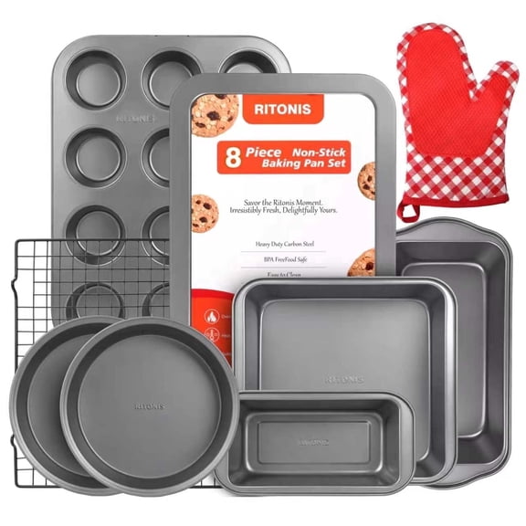 RITONIS 8-Piece Baking Pan Set, Non-stick Stacker Non-Toxic Oven Pan Set for Cooking, Includes Round/Square Cake Pan, Bread Pan, Muffin Pan, Cookie Sheet,cooling rack,with One Baking Glove