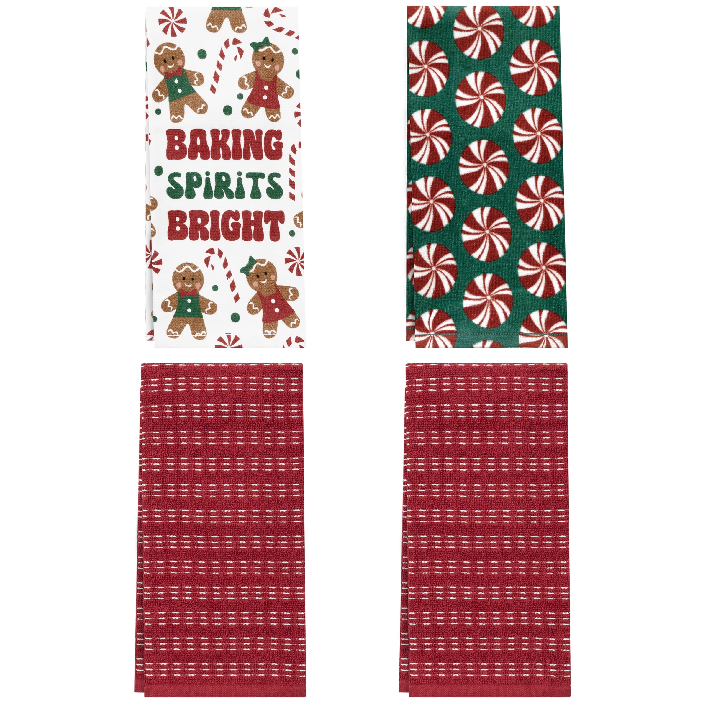 RITZ 100% Cotton Holiday Kitchen Towels, Set of 4, Bake Peppermints Green Dish Towels Set, Festive Red Green