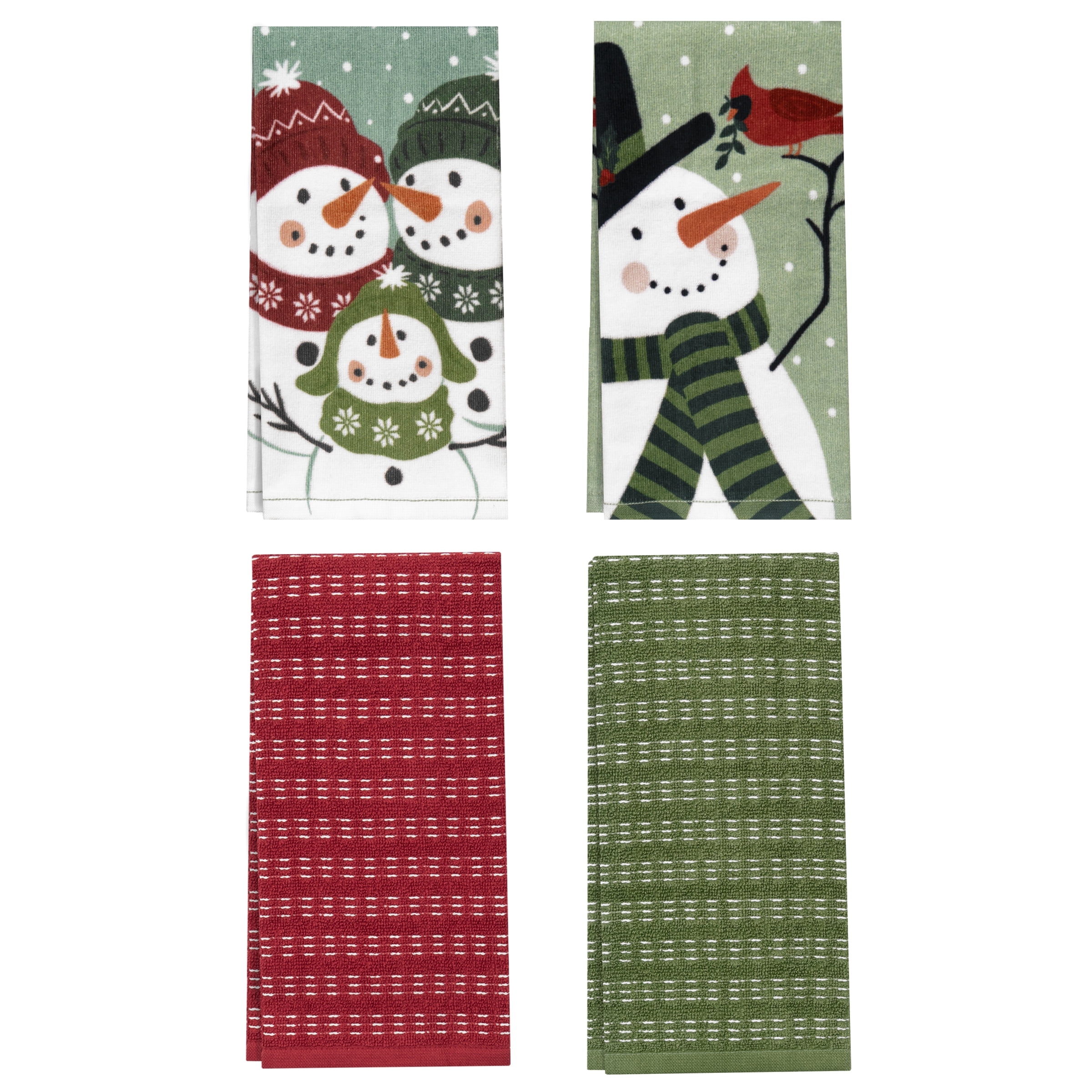 RITZ 100% Cotton Holiday Kitchen Towels, Set of 4, Bird Watching Dish Towels Set, Festive Red Green