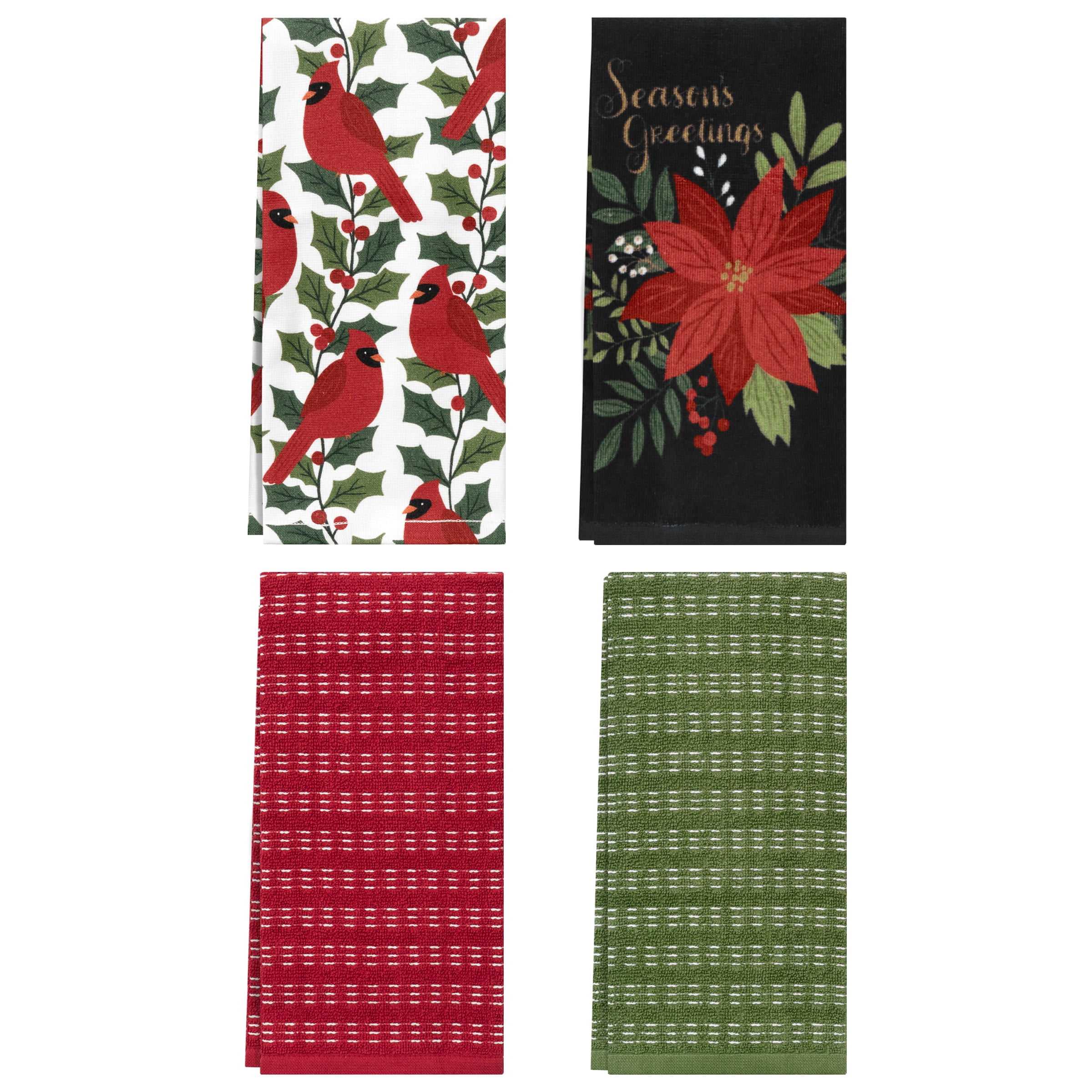 RITZ 100% Cotton Holiday Kitchen Towels, Set of 4, Cardinal Greetings, Poinsettia Dish Towels Set, Festive Red Green