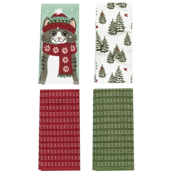 RITZ 100% Cotton Holiday Kitchen Towels, Set of 4, Cozy Kitty Dish Towels Set, Festive Red Green