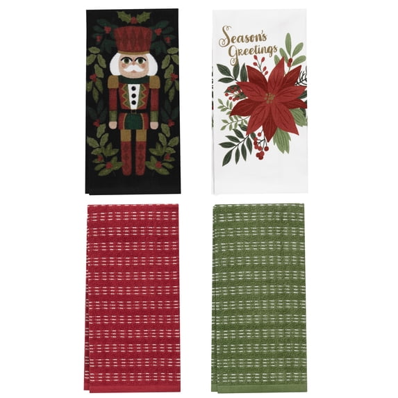RITZ 100% Cotton Holiday Kitchen Towels, Set of 4, Nutcracker Poinsettia Dish Towels Set, Festive Red Green