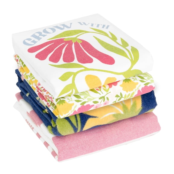 RITZ 100% Cotton Kitchen Towels, Floral Tulips Spring – Absorbent Dish Towels for Drying & Cleaning – Soft & Durable (Set of 4)