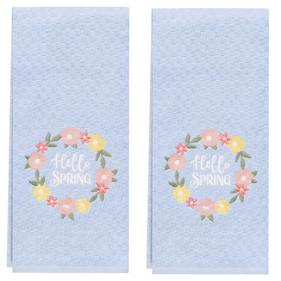 RITZ 100% Cotton Spring Kitchen Towels, Set of 2, Spring Wreath Skyway Blue