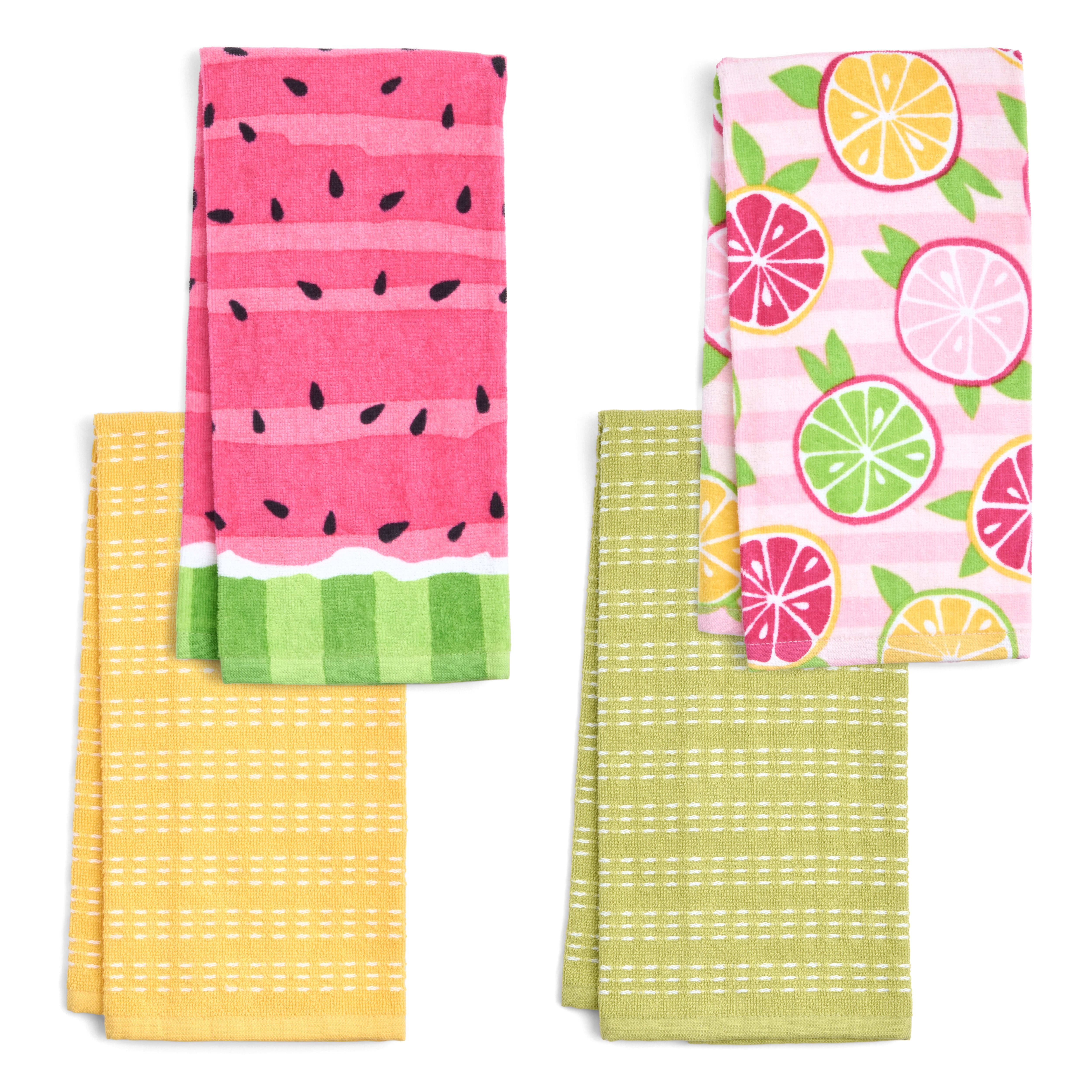 RITZ 100% Cotton Summer Kitchen Towels, Set of 4, Citrus Watermelon Dish Towels Set
