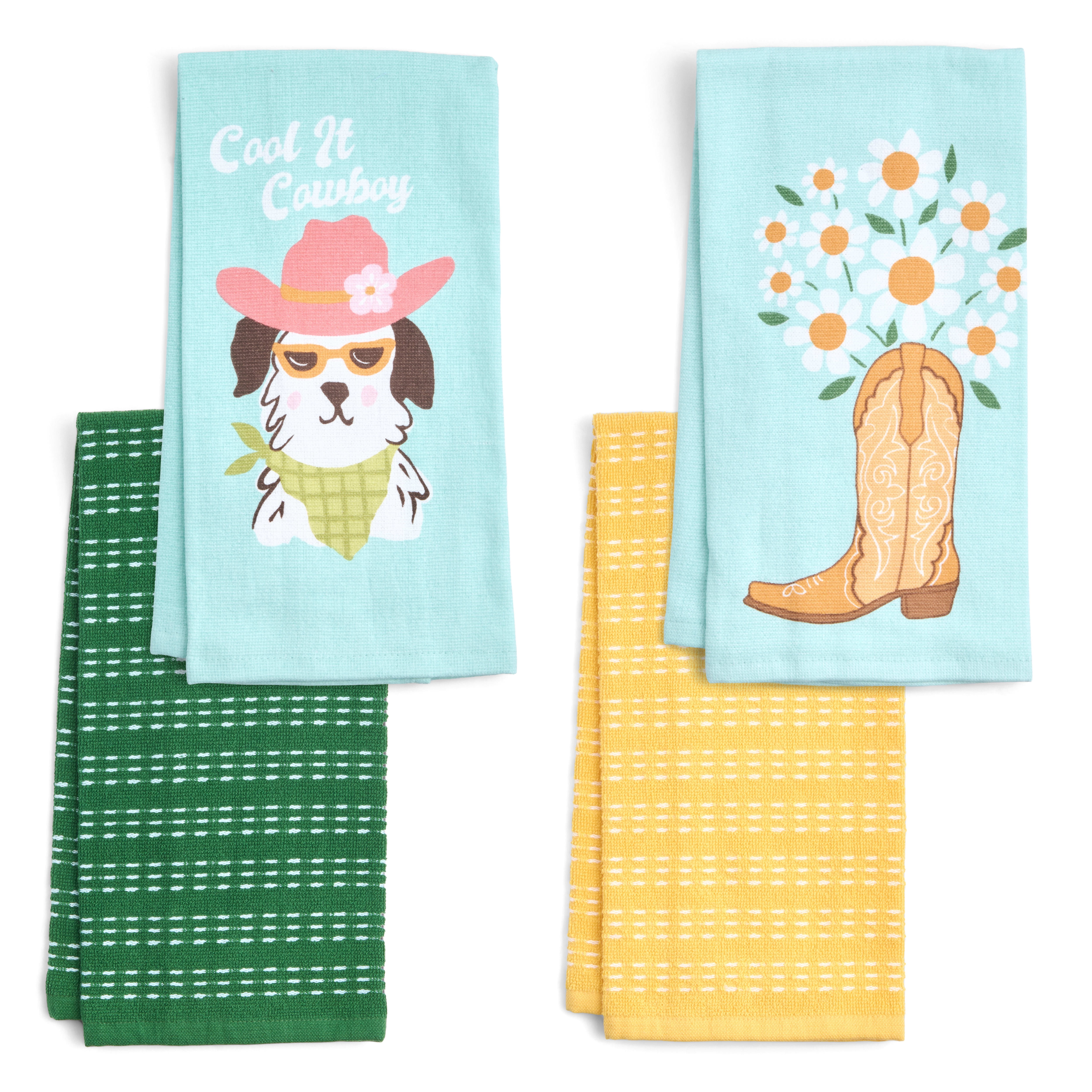 RITZ 100% Cotton Summer Kitchen Towels, Set of 4, Cowboy Daisy Dish Towels Set
