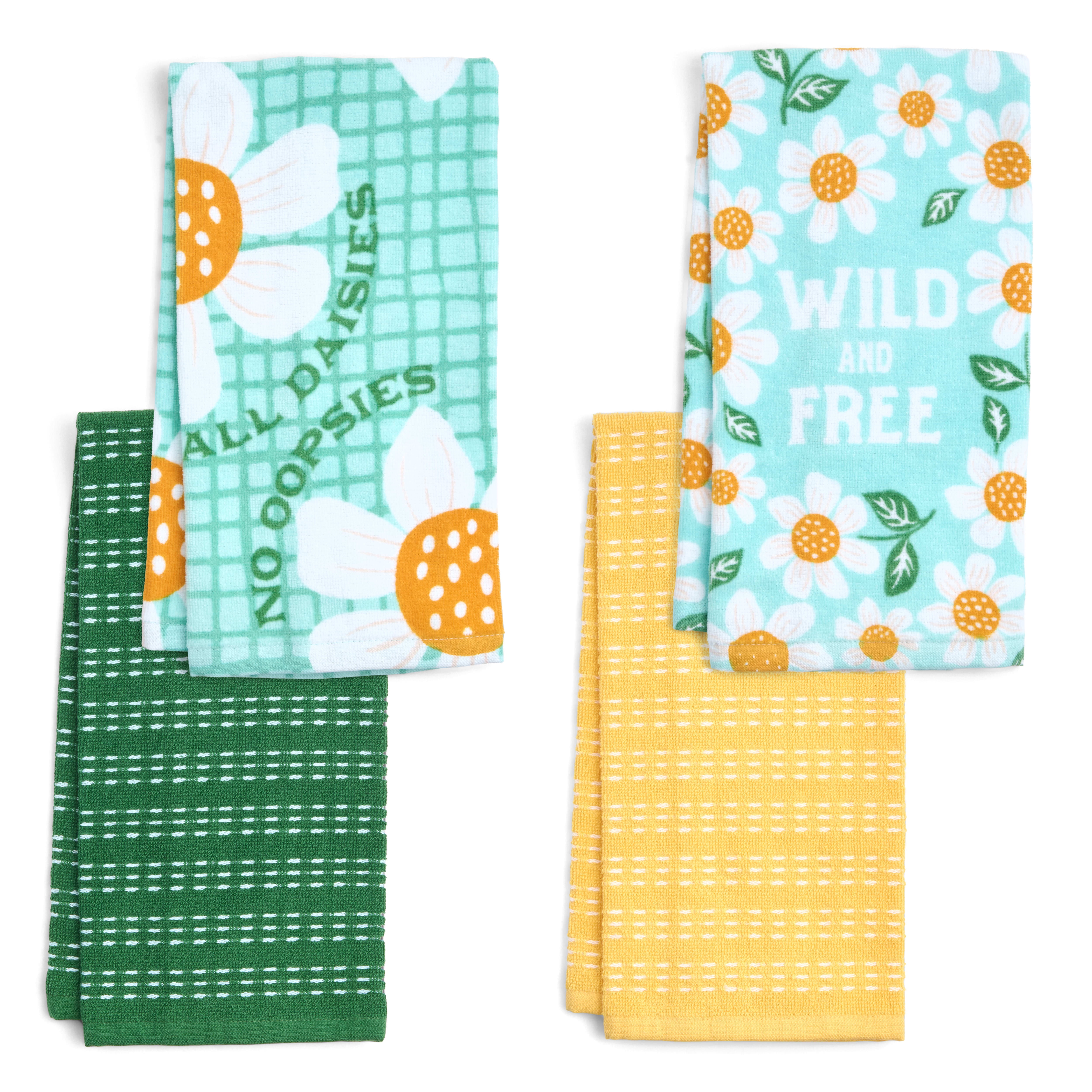 RITZ 100% Cotton Summer Kitchen Towels, Set of 4, Daisy Free Dish Towels Set