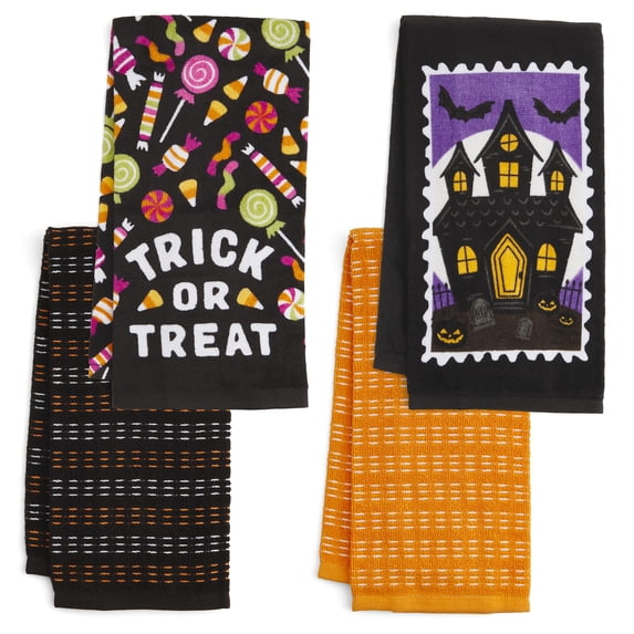 RITZ 100% Cotton Halloween Kitchen Towels, Set of 4, Haunted House Dish Towels Set