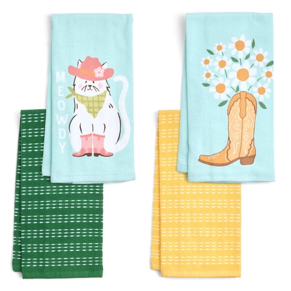 RITZ 100% Cotton Summer Kitchen Towels, Set of 4, Meowdy Boot Dish Towels Set
